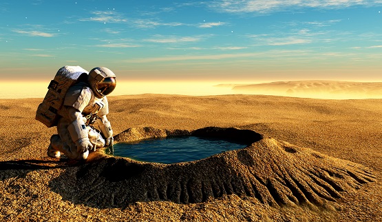 Astronaut near the crater with water.3d render