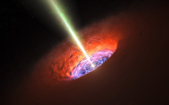 This artist’s impression shows the surroundings of a supermassive black hole, typical of that found at the heart of many galaxies. The black hole itself is surrounded by a brilliant accretion disc of very hot, infalling material and, further out, a dusty torus. There are also often high-speed jets of material ejected at the black hole’s poles that can extend huge distances into space. Observations with ALMA have detected a very strong magnetic field close to the black hole at the base of the jets and this is probably involved in jet production and collimation.