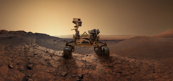 Mars 2020 Perseverance Rover is exploring surface of Mars. Perseverance rover Mission Mars exploration of red planet. Space exploration, science concept. .Elements of this image furnished by NASA.