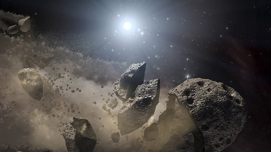 This artist's concept illustrates a dead star, or white dwarf, surrounded by the bits and pieces of a disintegrating asteroid.