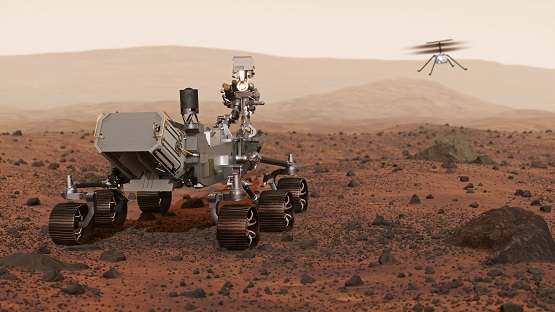 Artwork of NASA's Mars 2020 mission. The mission consists of a 3-metre-long rover called Perseverance, and a smaller 'rotorcraft' (1.2 metres in diameter) called Ingenuity. The helicopter is expected to fly five missions during the first 30 days of the mission, scouting locations for the rover. It is the first attempt at flight on another planet. The rover, meanwhile, will search for past signs of life in the red Martian soil, limiting its search to the bed of an ancient lake (now a crater called Jezero) and will prepare samples left on the planet's surface for later recovery and analysis on Earth.