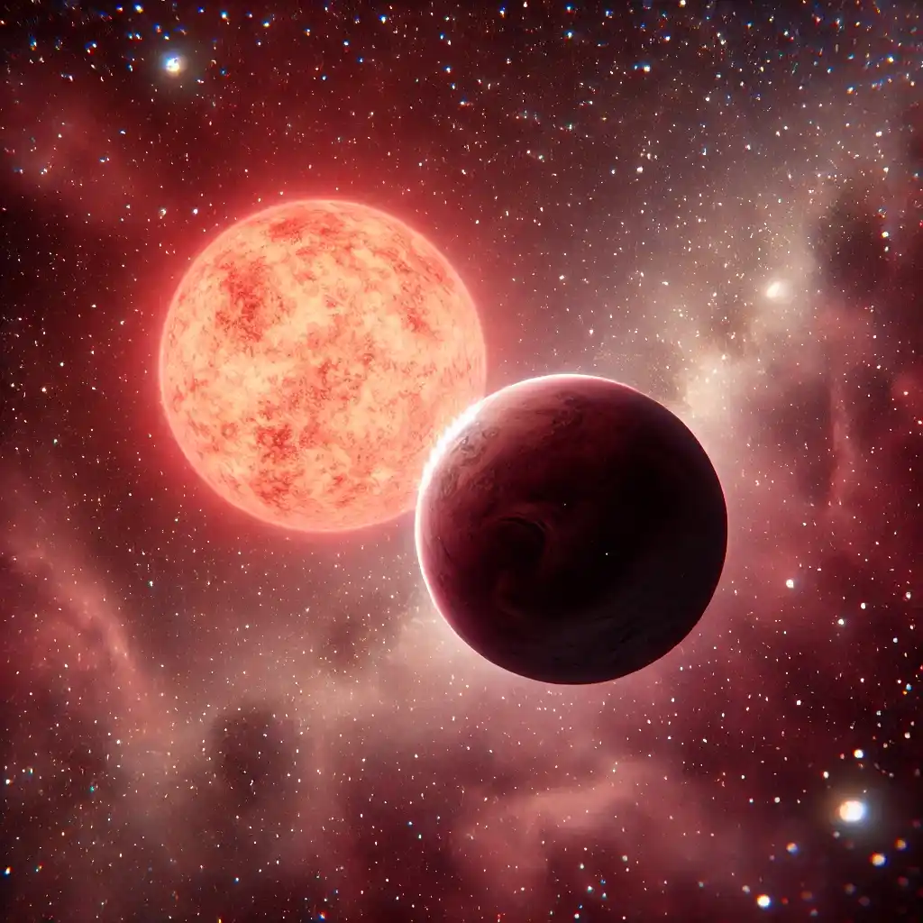  A space scene showing a red dwarf star and a brown dwarf star side by side. The red dwarf is glowing dimly with a reddish hue, small in size but bright.