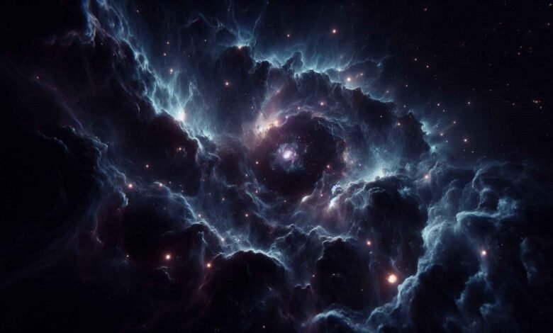 A photorealistic Ultra HD visualization of Dark Matter in space, showing vast cosmic void