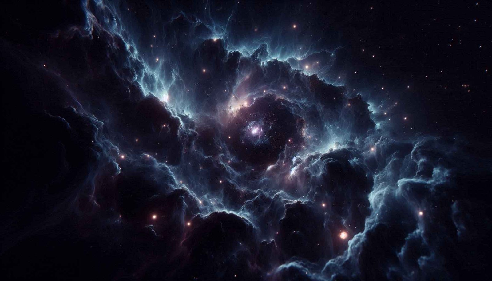 A photorealistic Ultra HD visualization of Dark Matter in space, showing vast cosmic void